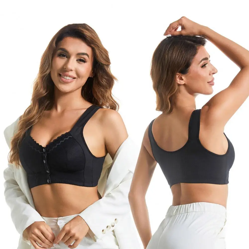 Women Back Support Bra Wireless Full Cup Lace Splicing Bra Comfortable Front Button Closure for Middle-aged Elderly Women Front image 3