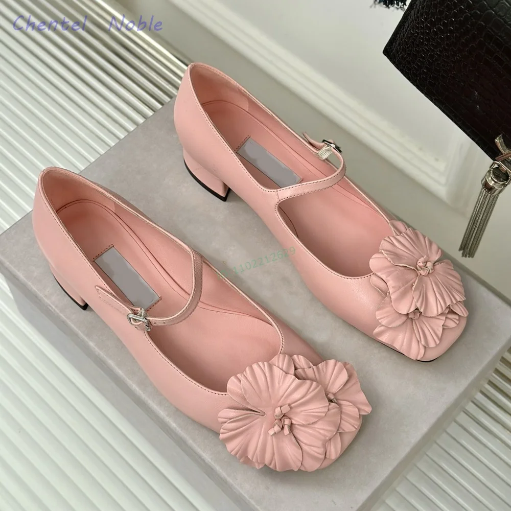 

Flowers Pointed Toe Pumps Chunky High Heels Ankle Strap Buckle Shallow Summer Solid Dress Party 2024 New Arrivals Pink White