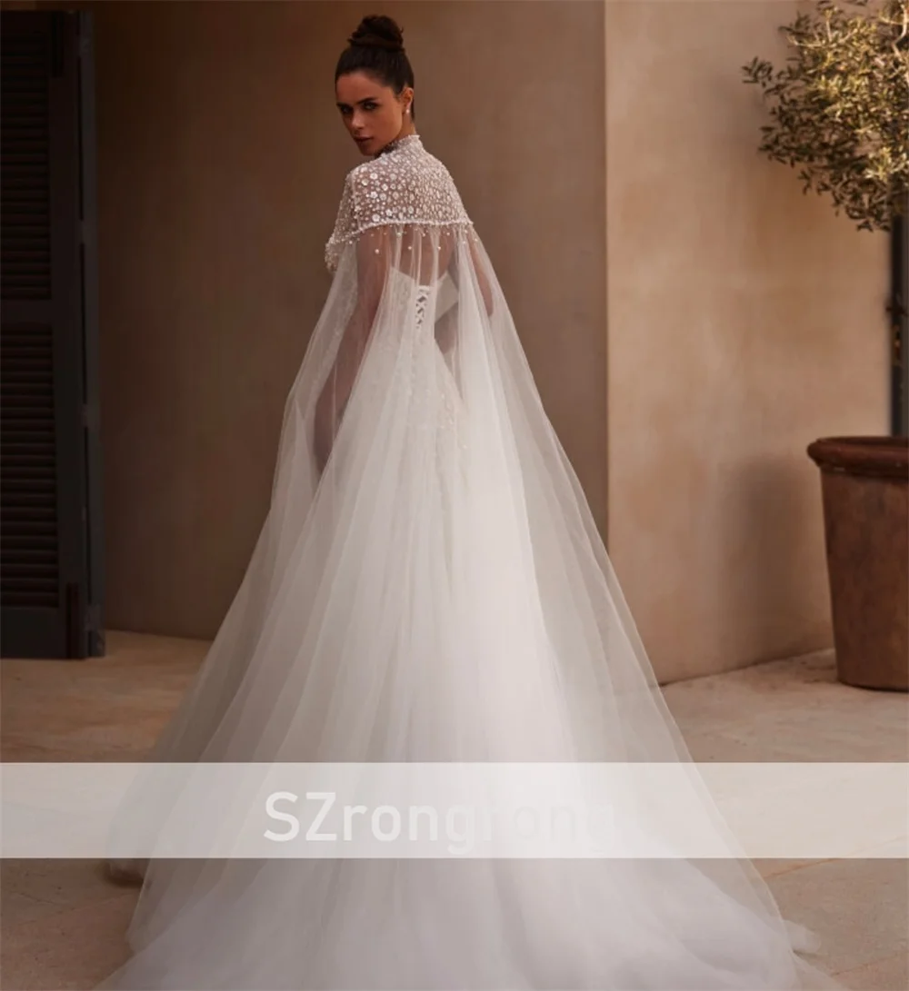 Robe de mariée Boho en Tulle, col en cœur, ligne a, perles, cristal, dos à lacets, avec Cape détachable, personnalisée