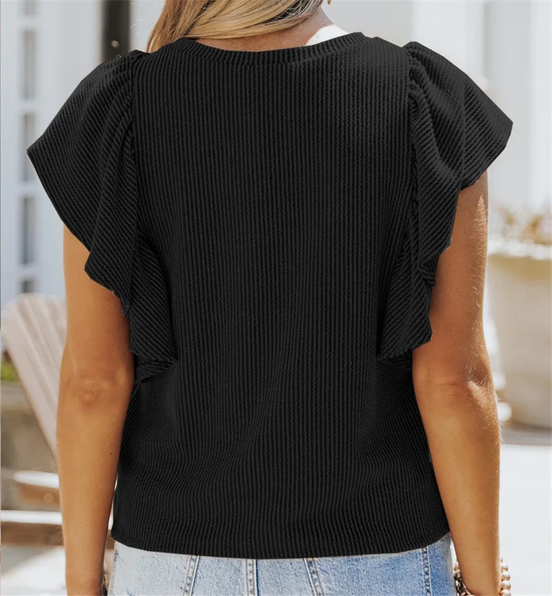 Knitted Threaded Ruffle Short Sleeve T-Shirt Women O Neck Splicing Casual Tees Ladies Fashion Summer Sweet Style Solid Color Top