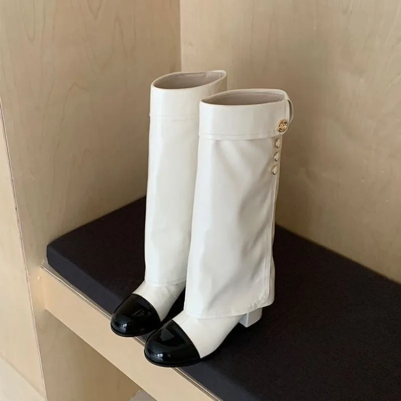 Elegant Black White Spliced Knee High Boots Ladies Foldable Cuff Gold Buttons Round Toe Block Heel Tall Boots