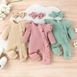 0-6M Newborn Infant Baby Girl Clothes Ruffle Long Sleeve Romper Solid Knit Ribbed Bodysuit Jumpsuit Coming Home Outfit