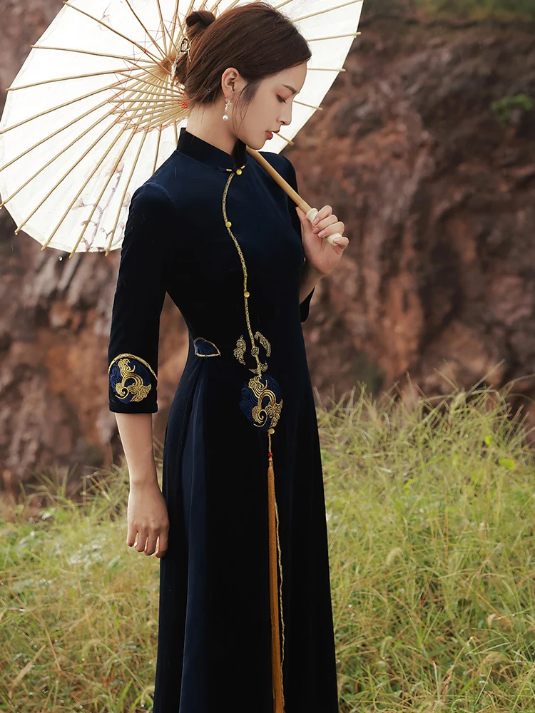 

High-End Mom Thiened Long Sve Fur Lined Dr Traditional Chinese Sle Women's Winter Faion Ele Simple ...