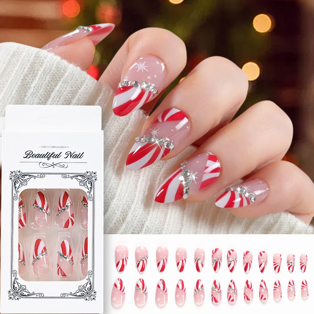 24 قطعة اللوز الفرنسي عيد الميلاد أظافر صناعية نصائح كريستال ندفة الثلج تصميم اضغط على الأظافر وهمية غطاء كامل عيد الميلاد أظافر تمديد