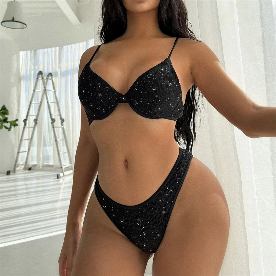 Glänzender, funkelnder, mit Bügel verstärkter brasilianischer Bikini, Damen-Badeanzug, zweiteiliges Bikini-Set, Damen-Badebekleidung, Badeanzug, Schwimmbekleidung V4479 – Detail 7
