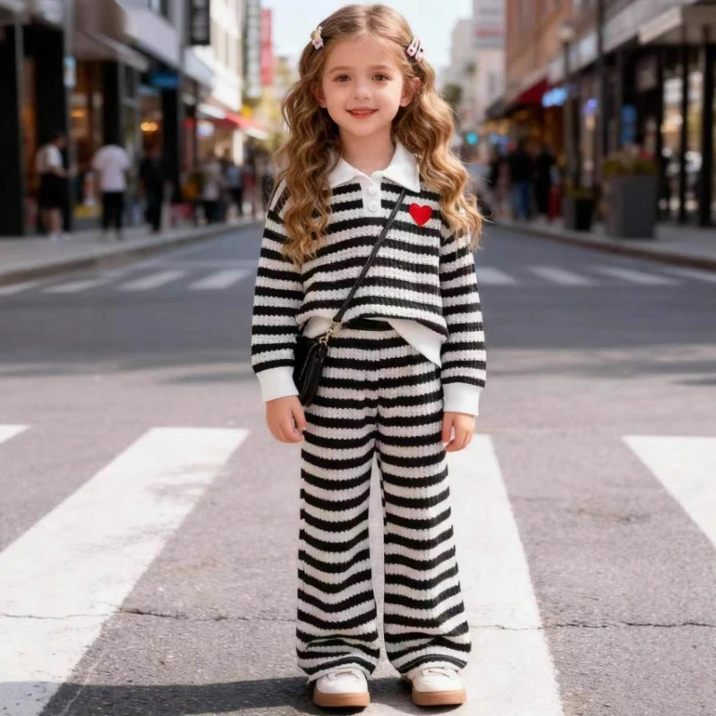 

2026 Spring/Summer New Children's Black and White Striped Polo Collar Long Sleeved T-shirt Top and Pants Two-piece Set