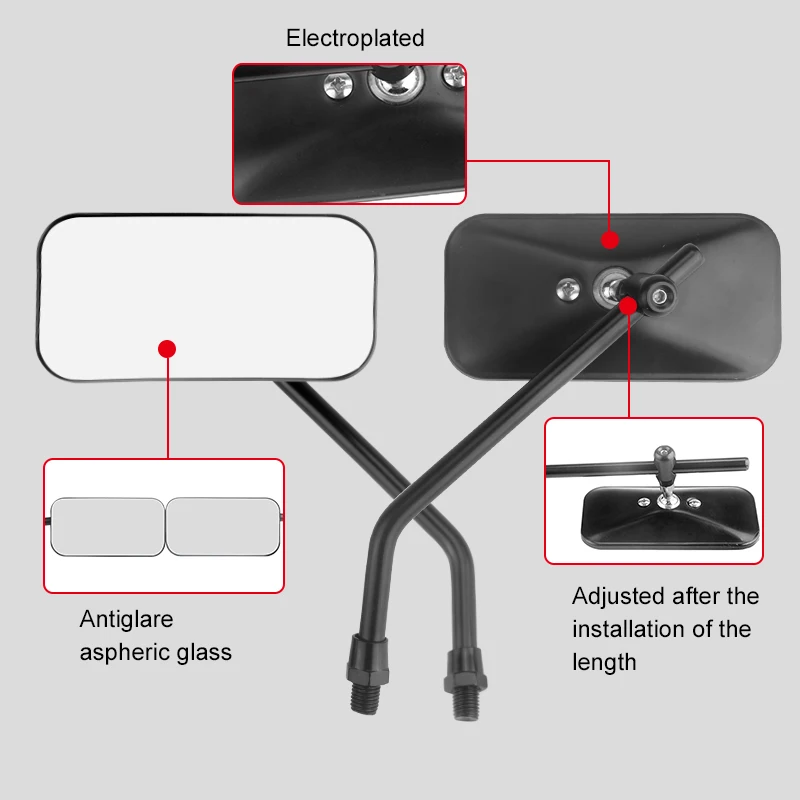 2pcs 10mm New Motorcycle Square Rearview Mirrors Black Chrome Square Universal Rear View Adjusted Bolt Left Right Side Reflector