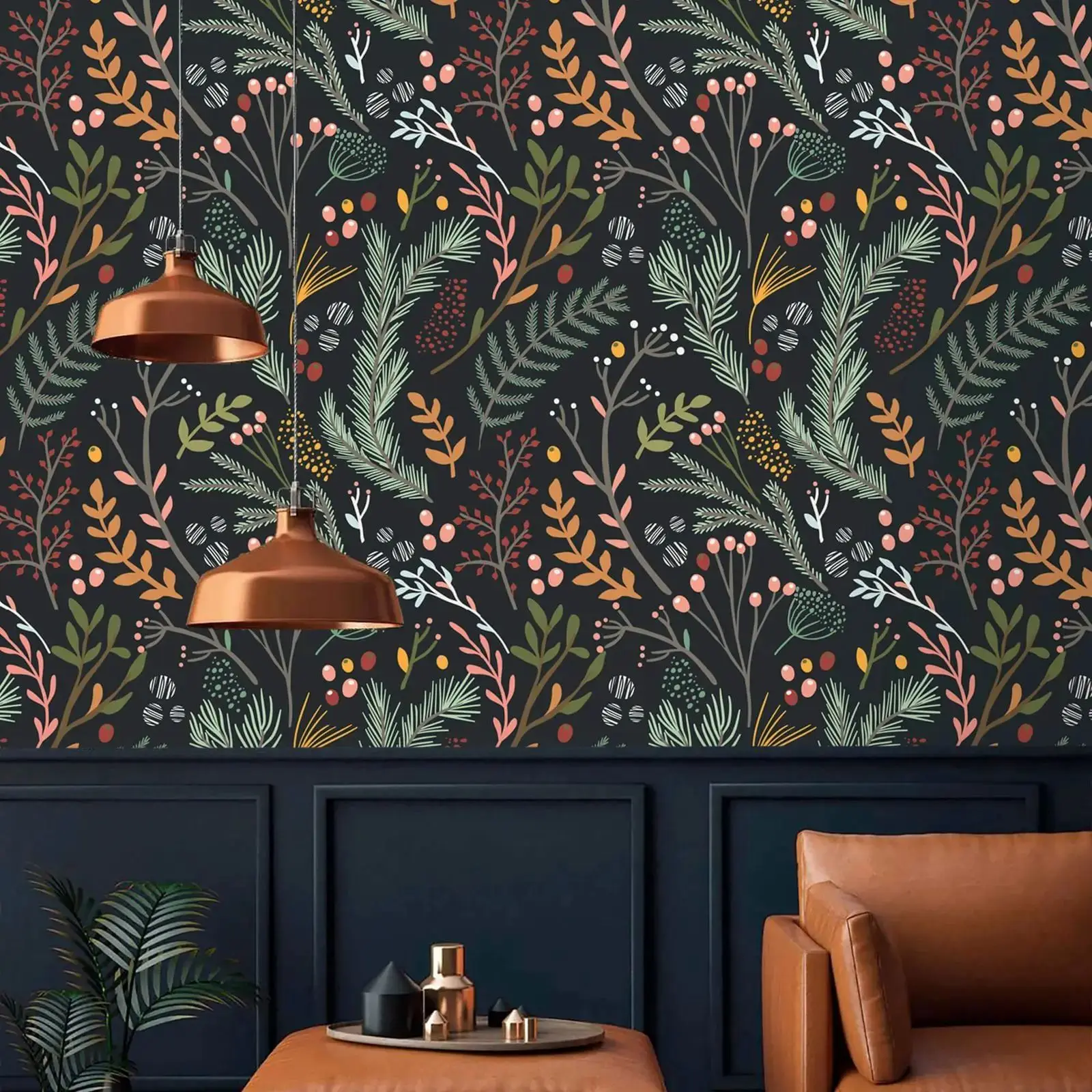 Leaves Peel and Stick Botanical Wallpaper, Herbs Dark Background Vintage Wall Paper For Home Decor,Self-adhesive Or Traditional