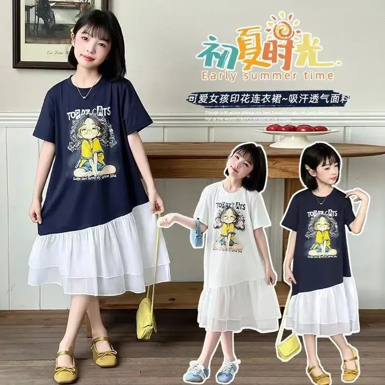 Girls Mesh Spliced Color-Block Princess Dress – T-Shirt Style Casual Summer Gown,Daily Wear & Party, Toddler Kids Outfit 2