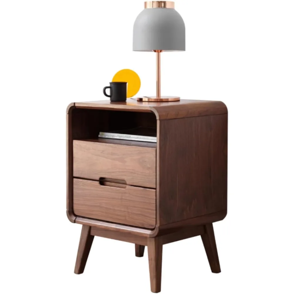 

mid-century modern walnut nightstand with two drawers and open shelf for compact spaces