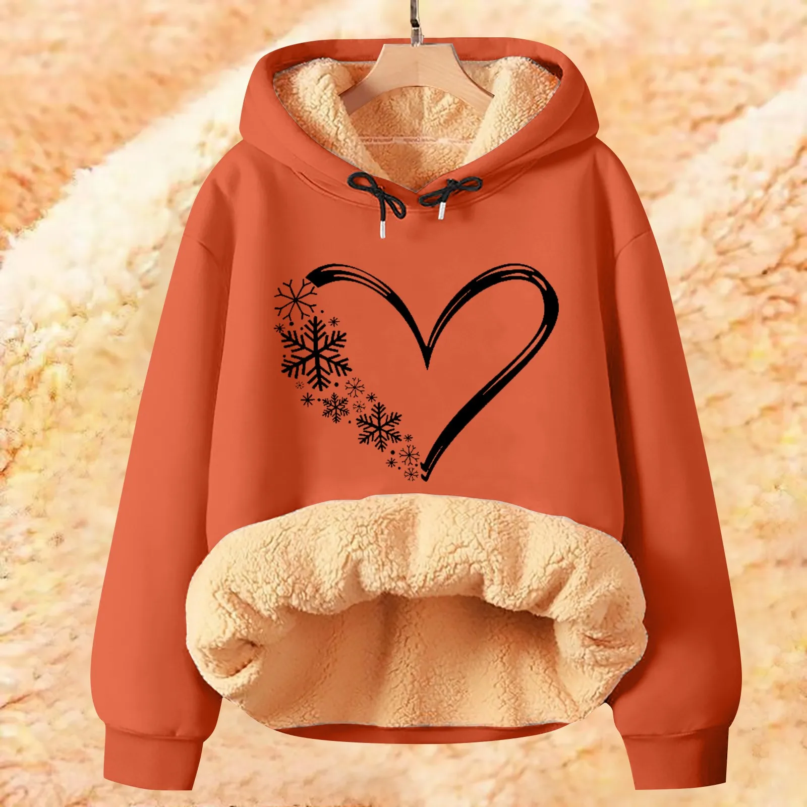 Snowflake Heart Print Hoodies Ladies Fashion Christmas Fuuny Pattern Sweatshirts Women Fleece Lined Long Sleeve Hooded Baggy Top