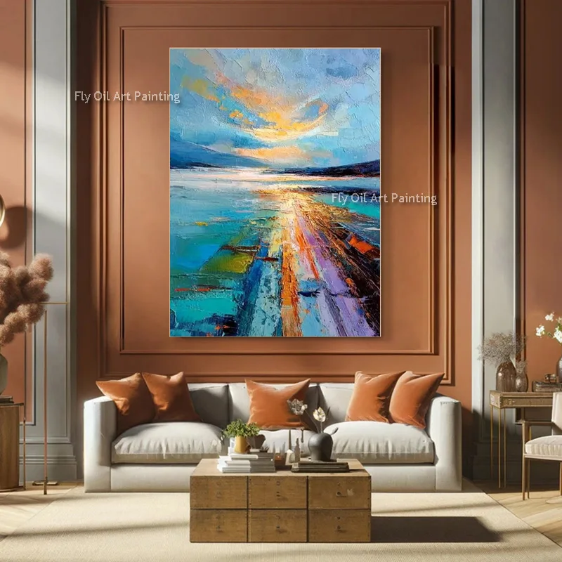 Ocean Sunset Oil Painting Hand Painted Coastal Seascape Colorful Water Reflection Palette Knife Canvas Art Modern Wall Decor