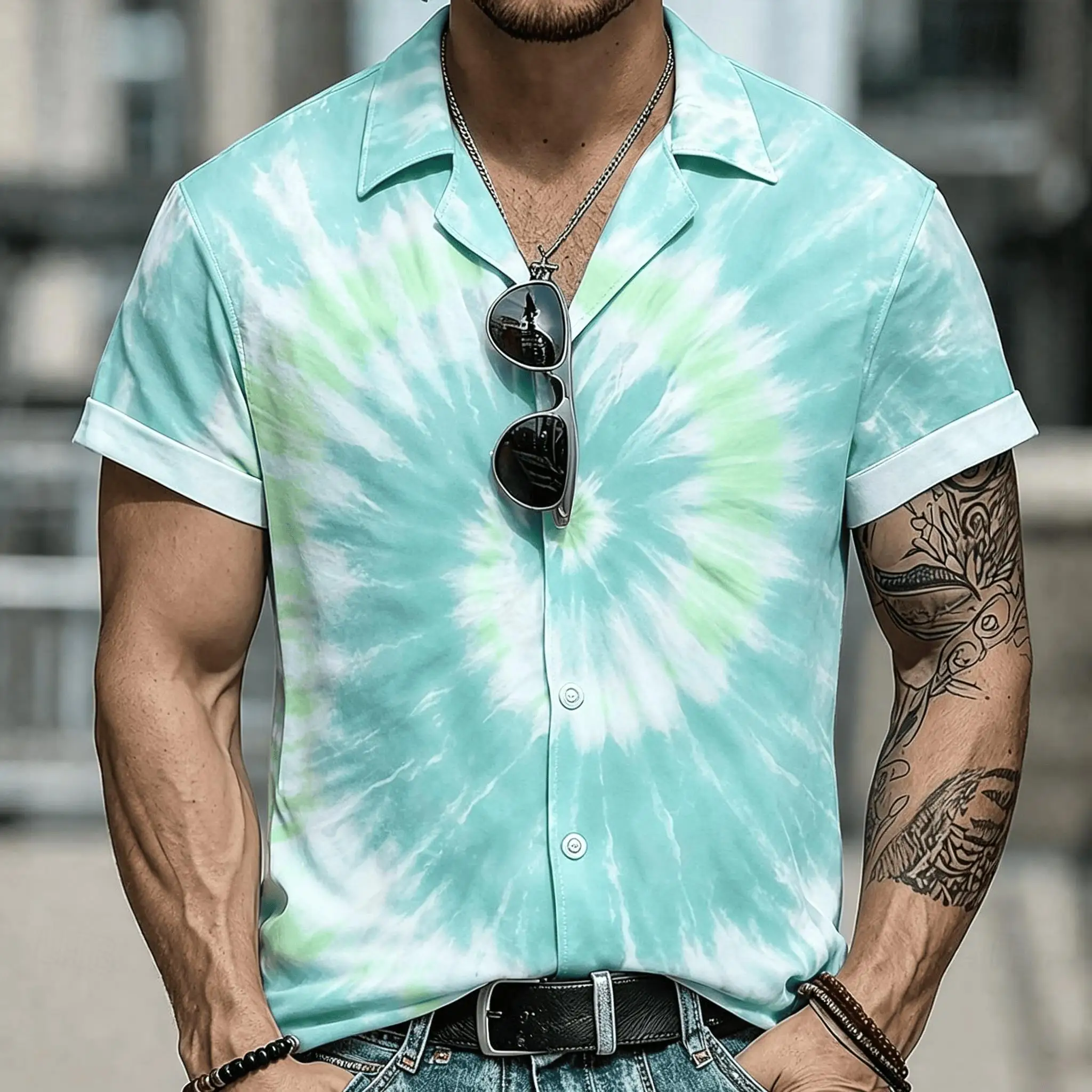 

Men's Green Tie Dye Spiral Print Short Sleeve Shirt, Retro Hippie Button Up Shirt for Spring & Summer