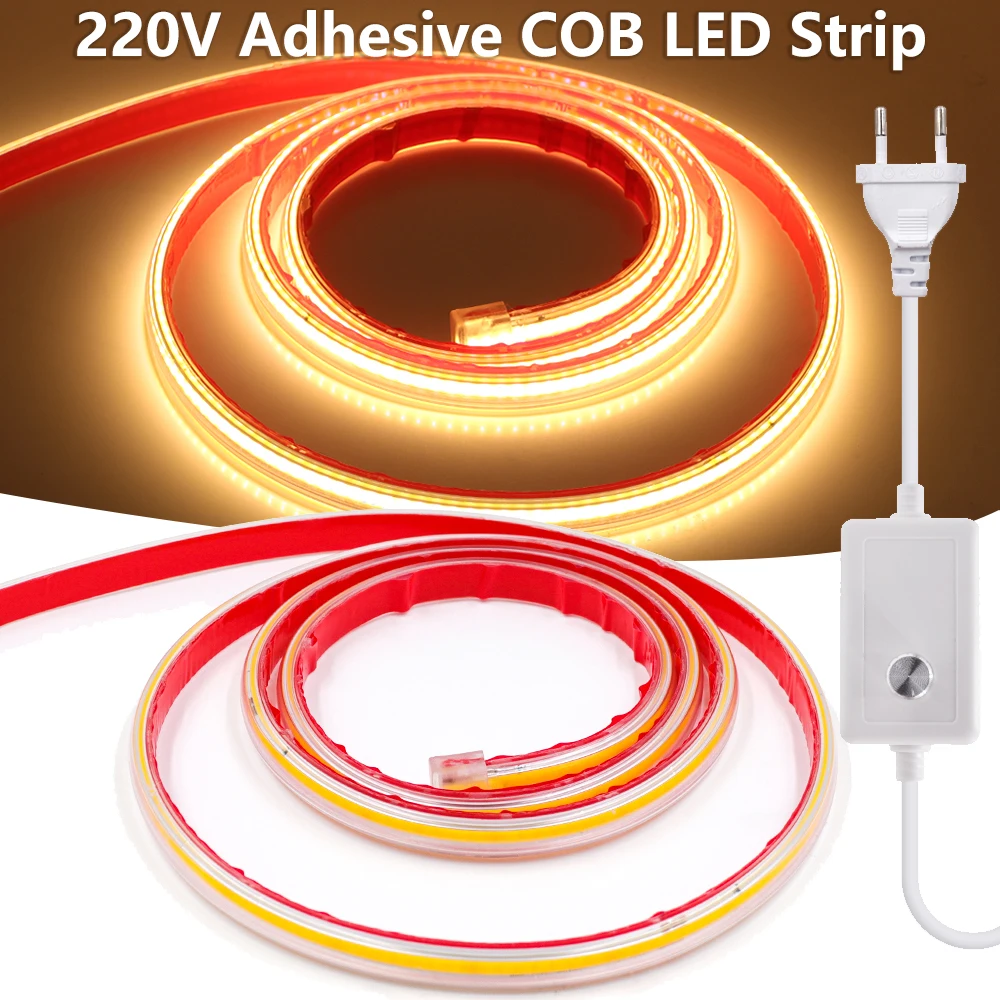 

Dimmable 220V COB LED Strip Waterproof 288LEDs/m with Switch Dimmer EU Plug Flexible Adhesive Tape for Home Garden Decor Lamp