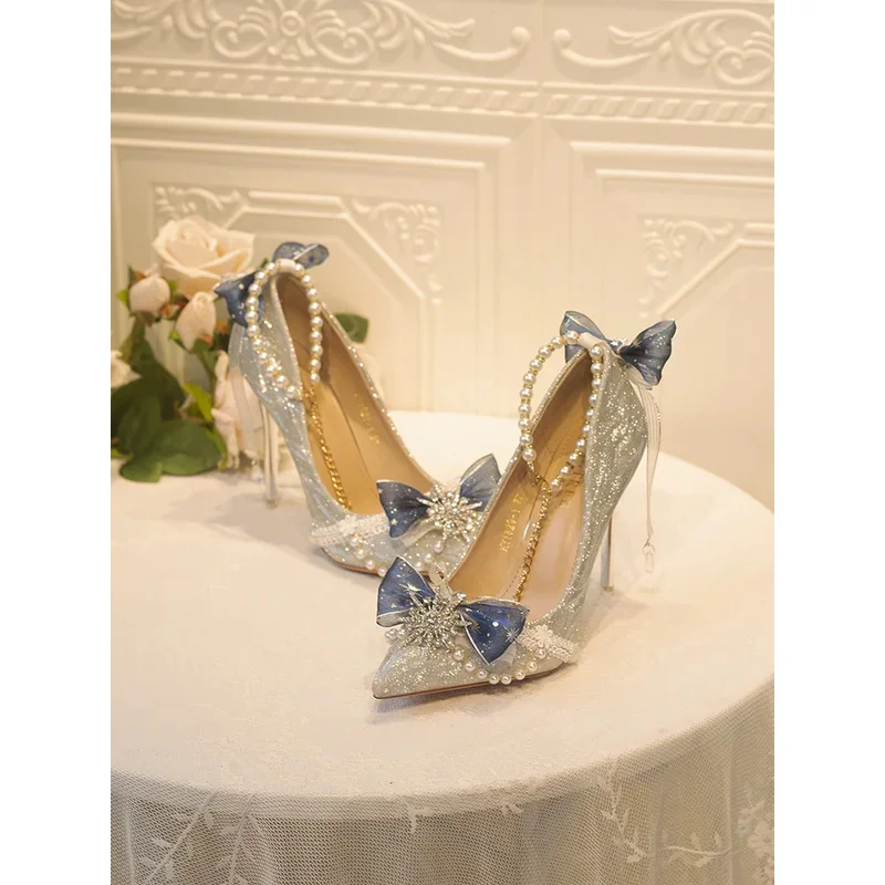 

Elegant Retro Lolita Court Style Lolita Flower Wedding Gorgeous Satin Bow Pearl Gem Ribbon Bowknot 7.5-10.5cm High Heels Shoes