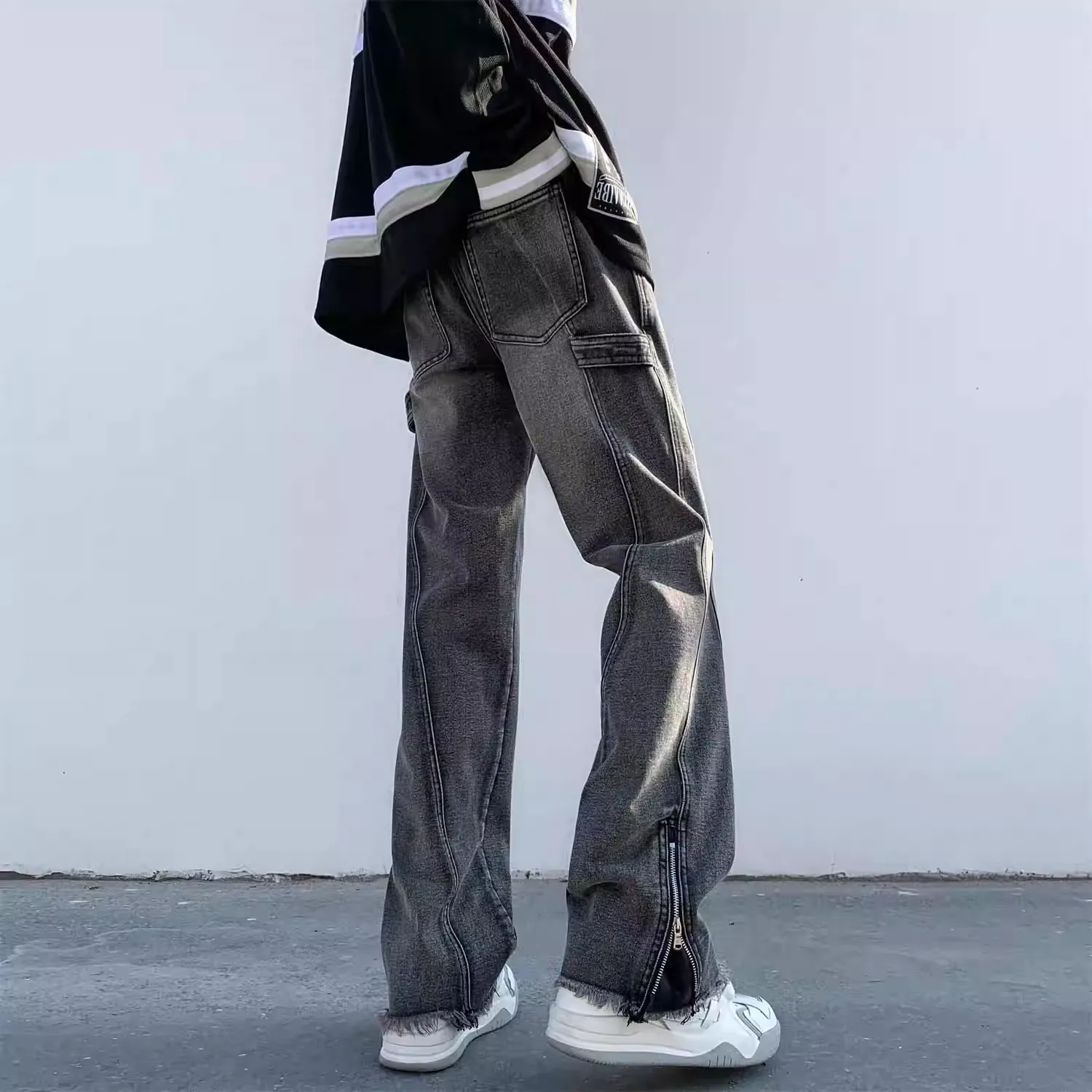 American High Street Zipper Slit Jeans Men's Trendy Versatile Straight Loose Wide Leg Long Pants Casual Straight Leg Jeans