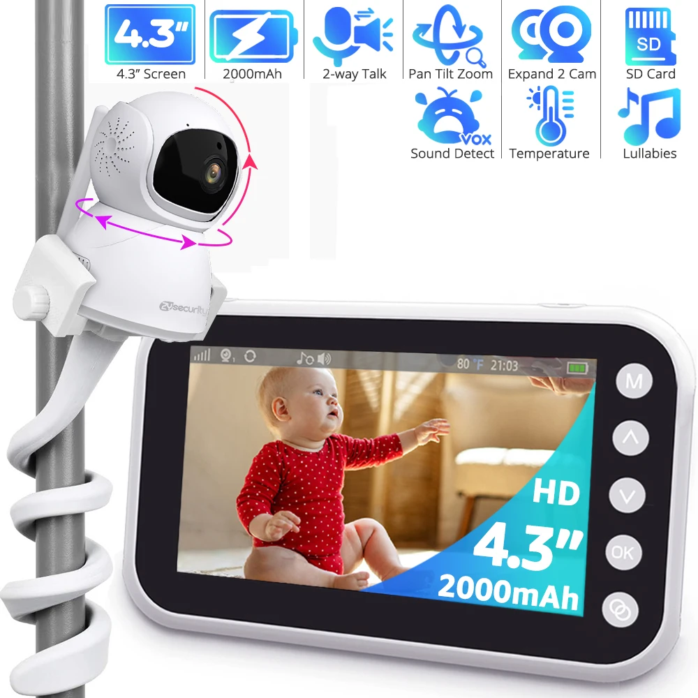 

4.3"Baby Monitor with Camera Pan-Tilt-Zoom HD Babyphone 2000mAh Long Battery Life Mobile Baby Camera 2-way Talk Night Vision VOX