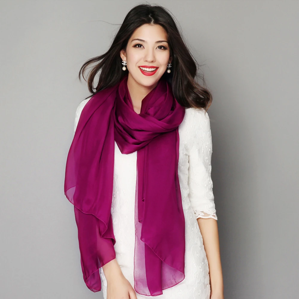 New Wine Red 100% Mulberry Silk Long Scarf Shawl Printed Fashion Ultralong Chiffon Scarves Wraps Summer Beach Shawl Cover ups