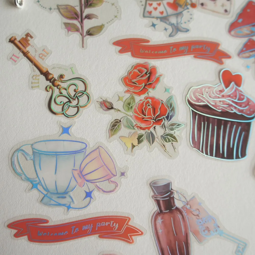 28pcs Silver Alice Story Rabbit Pocket Watch Cup Cupcake Style PVC Sticker Scrapbooking DIY Gift Packing Decoration Tag