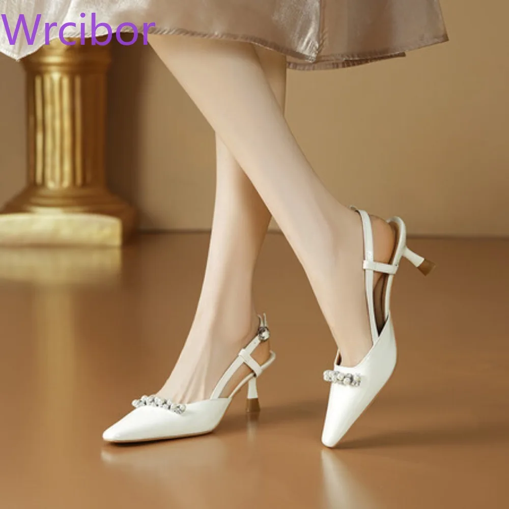 

Women's Shoes Pointed Toe Slim Heel Head Cowhide Baotou Sandals Fashion Sandals with Buckle