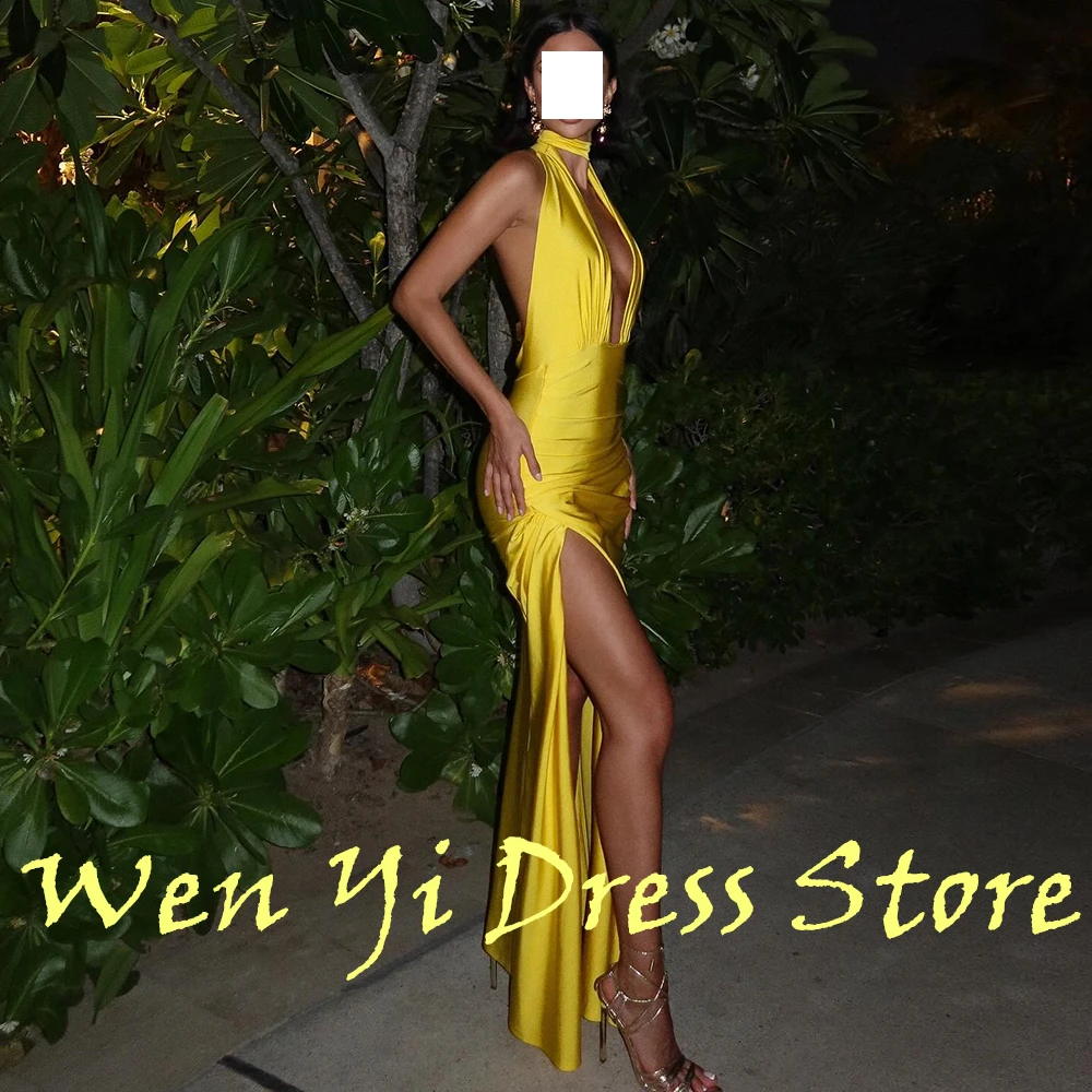 Classic Solid Yellow Color Satin Pleats Evening Dress Sexy Halter V-Neck Side Slit Straight Floor Length Sleeveless Custom Made