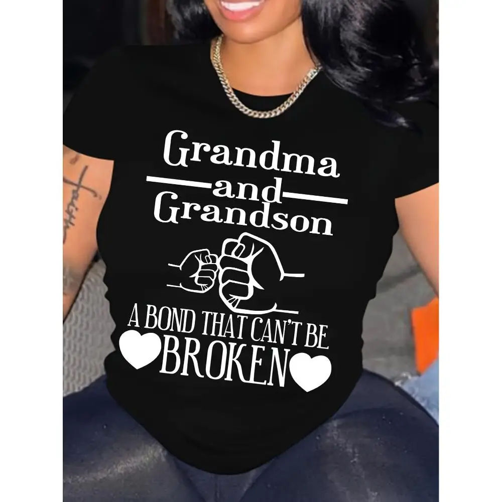 

Grandma and Grandson Printed Crew Neck T-shirt, Suitable for all seasons, Women's Clothing
