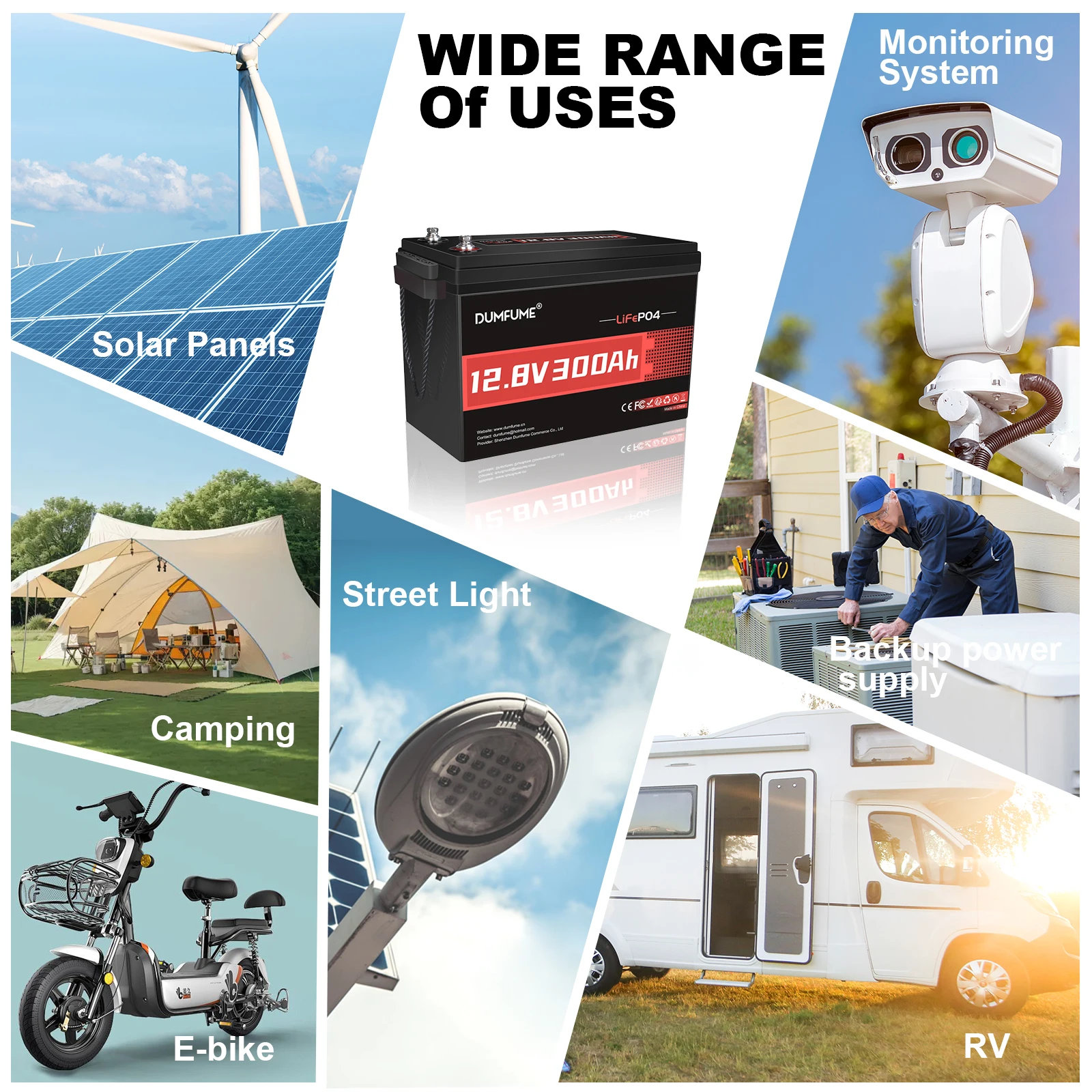 Dumfume – batterie Lithium LiFePO4 12V, 300ah, avec sortie 200a BMS 3840W, parfaite pour le stockage d'énergie solaire, alimentation de secours domestique RV