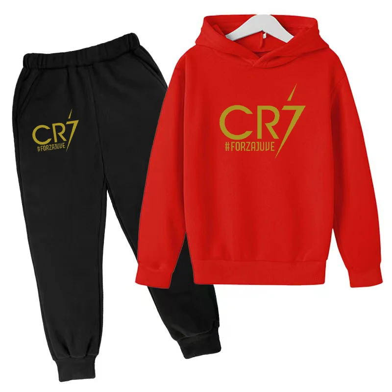 Children 3-12 Years Old Hoodie Football CR7 Print Boys Sweatshirt Girls Toddler Sports Coat Top + Trousers 2P Stylish Casual Set