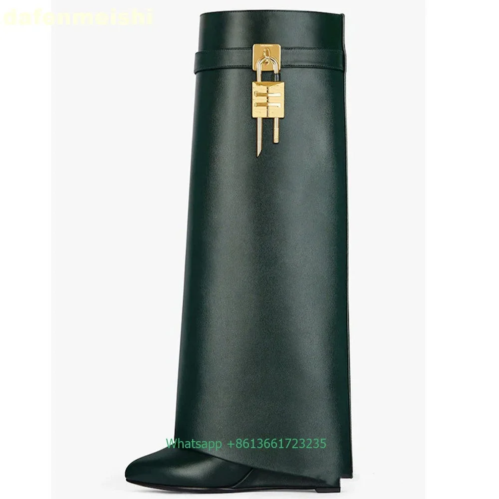 Classic Style Metal Lock Shark Boots Fiber Leather/cowhide Solid Color Fashion Women Knee-High Boots Platform Wedges Trend Shoes