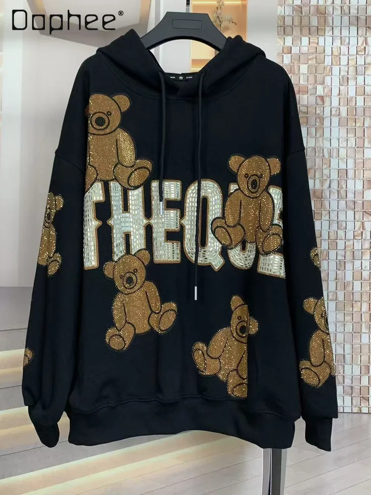 

Trendy Full Diamond Bear Fashion Loose Sweatshirt Spring and Autumn Heavy Cartoon Hotfix Diamond Mid-Length Oversized Hoodie