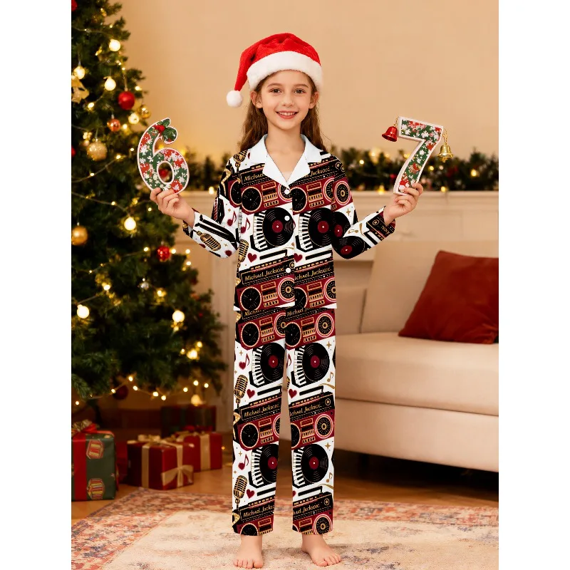 Girls Lapel Pajama Set Long Sleeve Nightwear, Assorted Dancer Music Record Retro Stage Prints, Perfect Birthday Xmas Gift