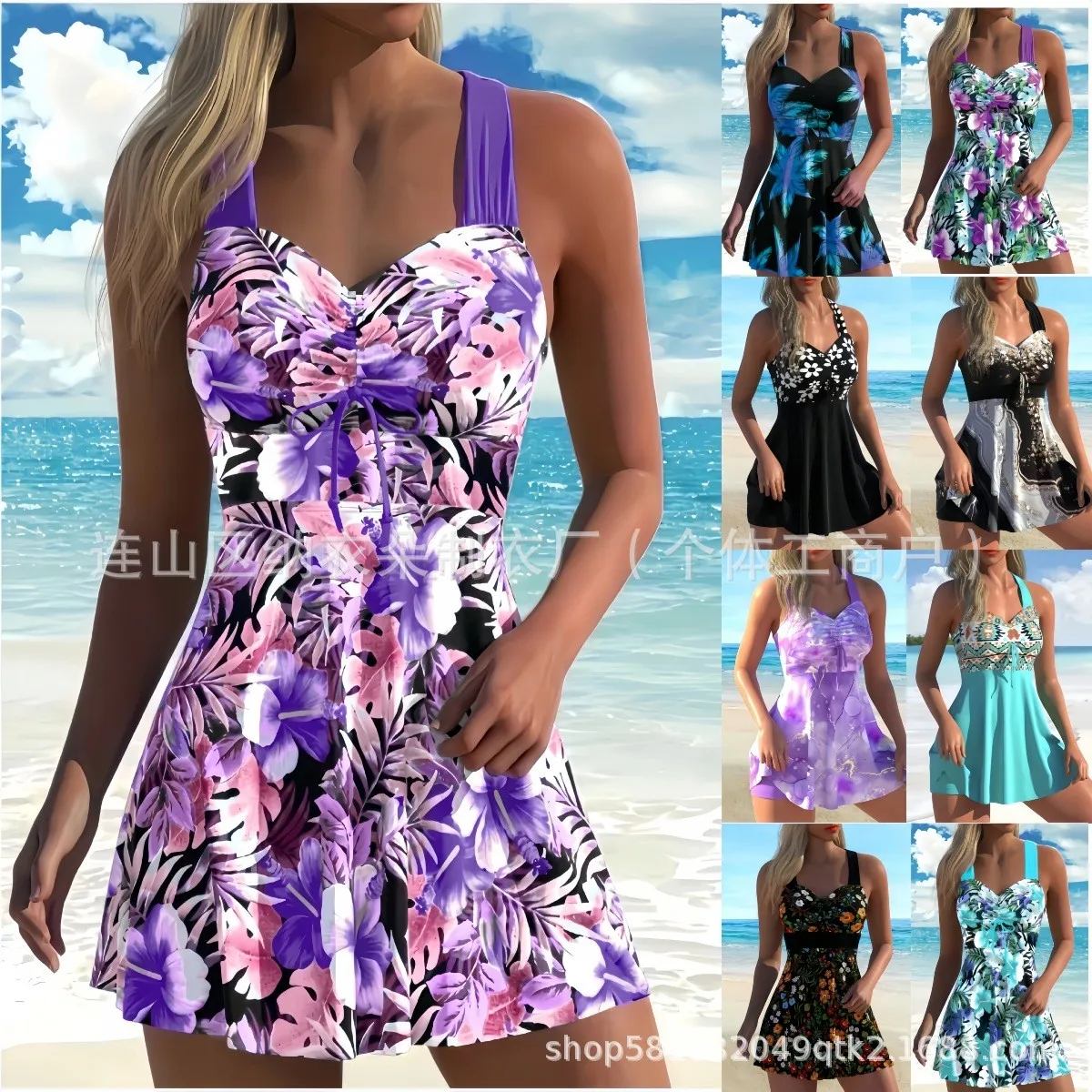 Woman Tankini Floral Print Sleeveless Tankini Top High Waist Bikini Set Halter Strap Two Piece Swimsuit Turquoise Solid Stretchy