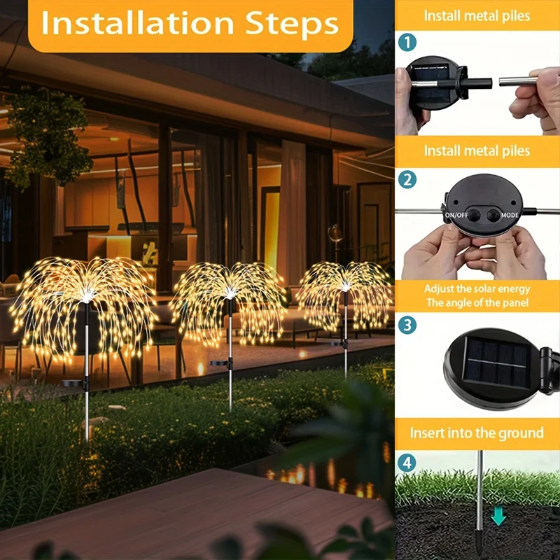 200LED Firework Lights Solar Power Outdoor Wire Flower Garden Decorate Solar Lamp for Landscape Patio Pathway Yard Lawn