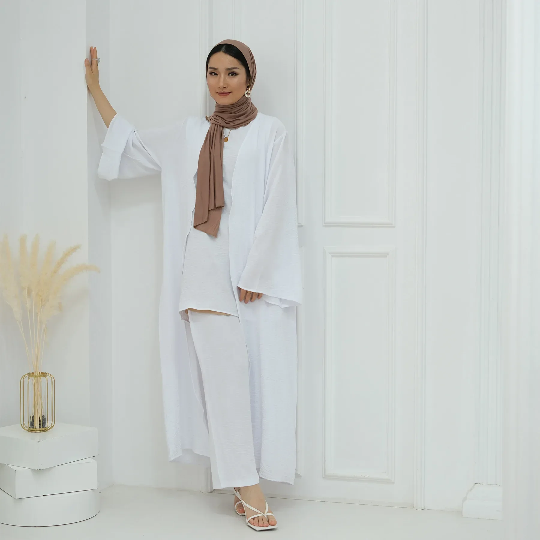 Donne musulmane Set coordinato Kimono aperto Top + Pantaloni 2 pezzi Vestito Abiti islamici Dubai Turchia Abaya Kebaya Caftano Eid Djellaba