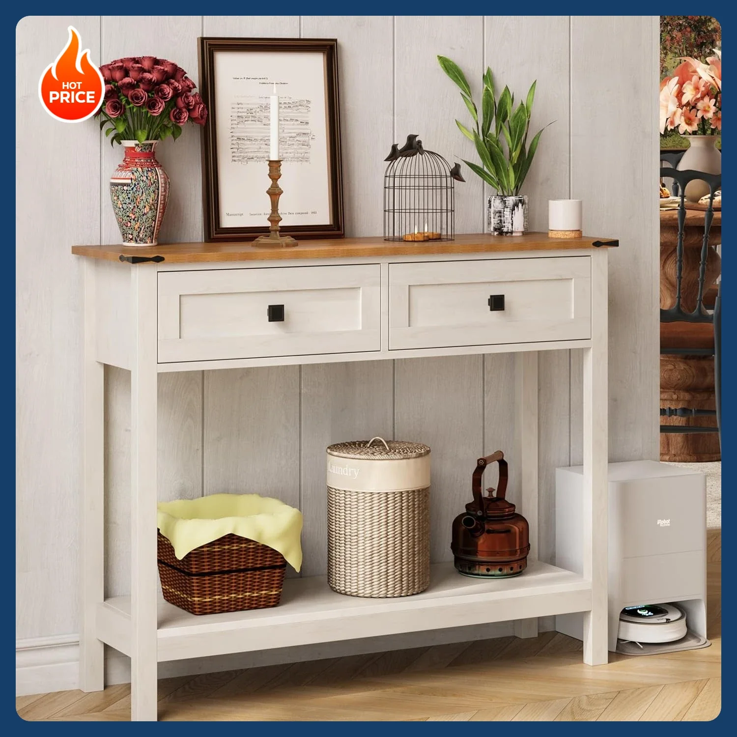 

Ограниченное количество! Консольный столик в стиле фермерского дома с 2 ящиками для прихожей, деревенский приставной столик с открытой полкой для хранения, столик для коридора