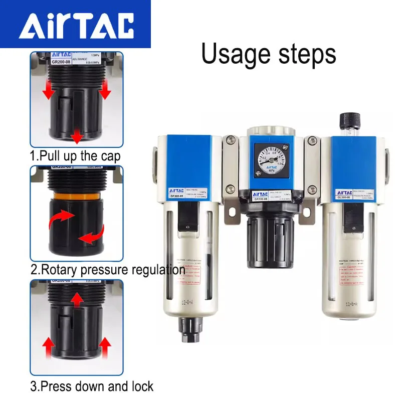 AirTAC Original Pneumatic Triple Pressure Regulating Valve Filter Oil Mist Separator GC200-06/GC300-10/GC400-15/GC600-20