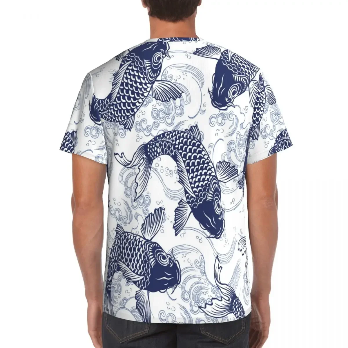 Men's T Shirt Short Sleeve Men T-Shirt O-Neck Blue Fish Carp Koi Wave Pattern Short Sleeve Man Tee Shirt Clothing