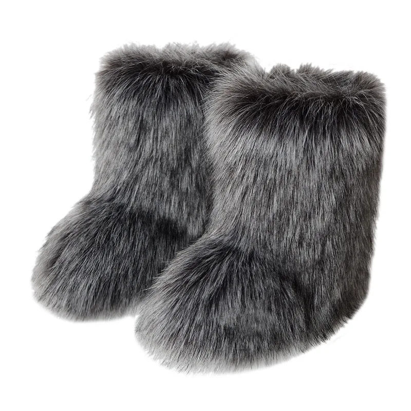 Women Shaggy Faux Fur Mid Calf Boots Fluffy Warm Winter Snow Boots Y2K Cosplay Animals Slip On Furry Streetwear Booties
