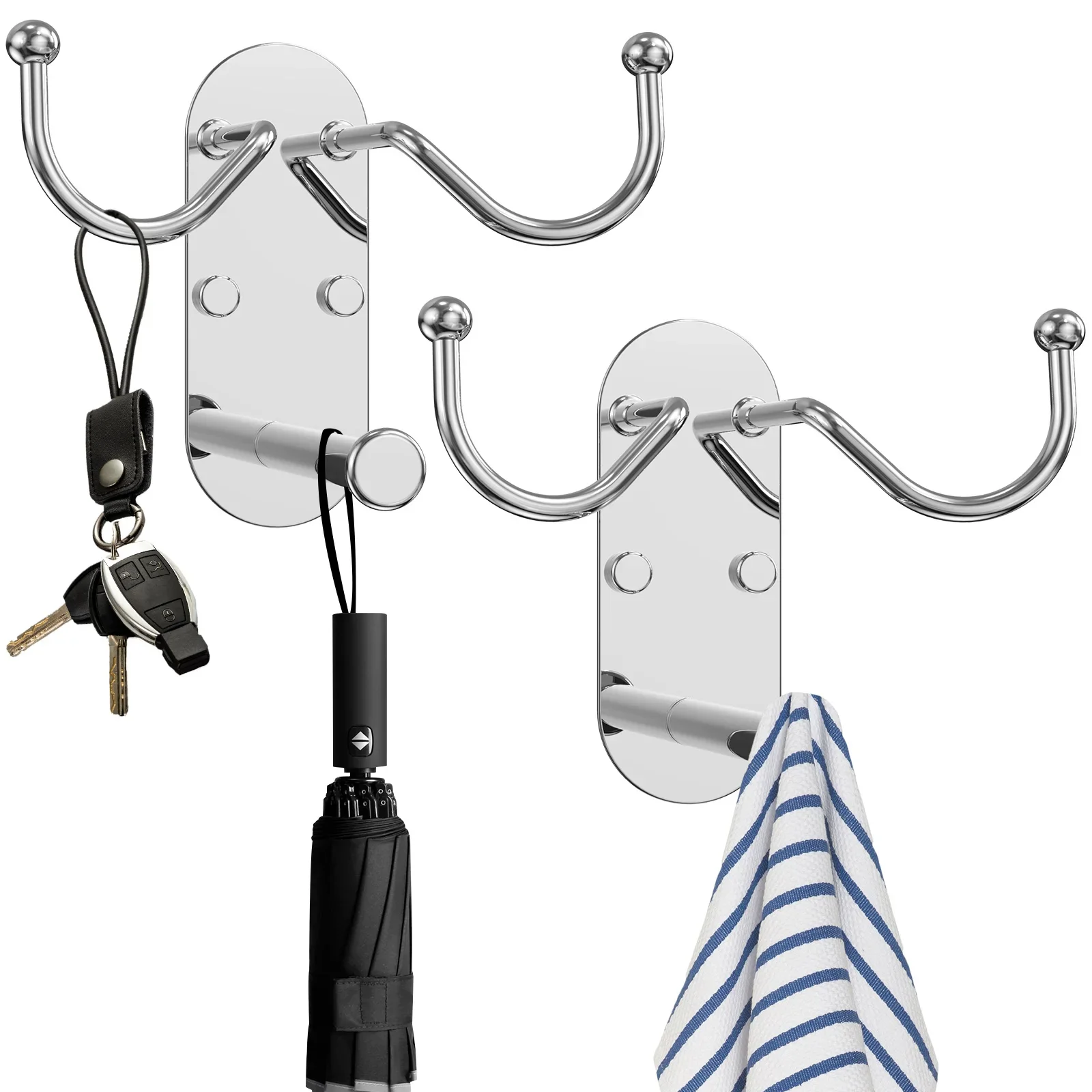 

2PCS/Set Stainless Steel Wall Hooks Heavy Duty Hanging Adhesive Hooks Wall Mounted Coat Robe Tower Holder for Home Bathroom