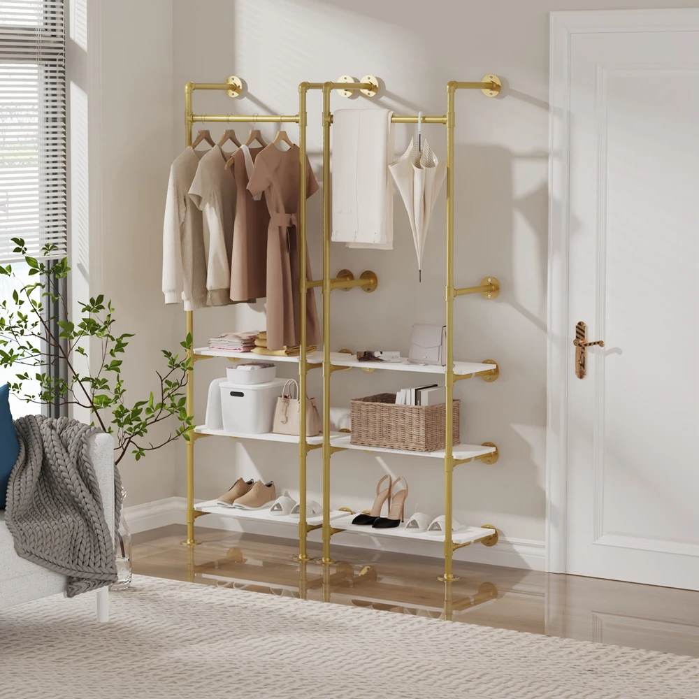 Industrial Pipe Clothing Rack Wall Mounted Gold Garment Rack with 3 Tier White Shelves