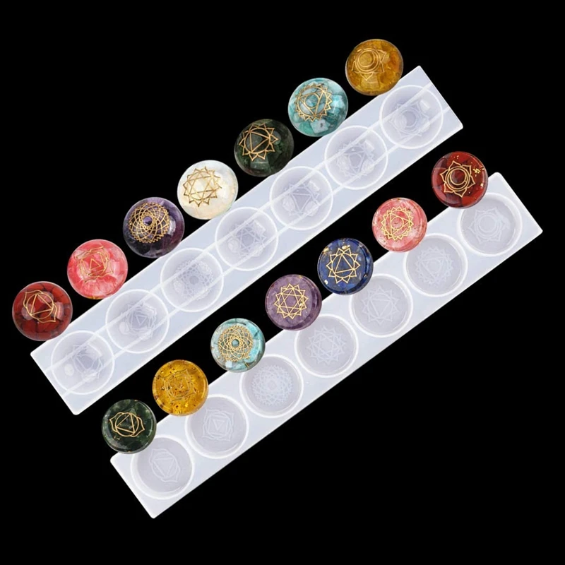 7 Chakra Stones Resin Molds,1Pair Round Healing Crystal With Engraved Chakra Symbols Silicone Epoxy Casting Resin Molds