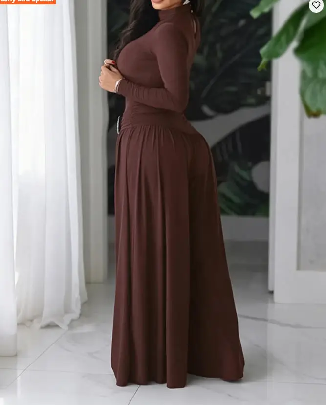 Two Piece Set Women Outfits 2026 Spring New Mock Neck Long Sleeve Slim Bodysuit & Rhinestone Ruched Casual Wide Leg Pants Set