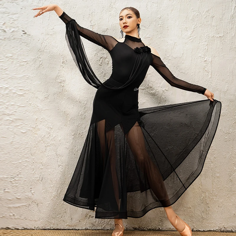 

Стандартное платье для бальных танцев, черное, с длинным рукавом, новинка 2025 года, современный танцевальный костюм, женское платье для соревнований, танго, вальс, юбка 3130