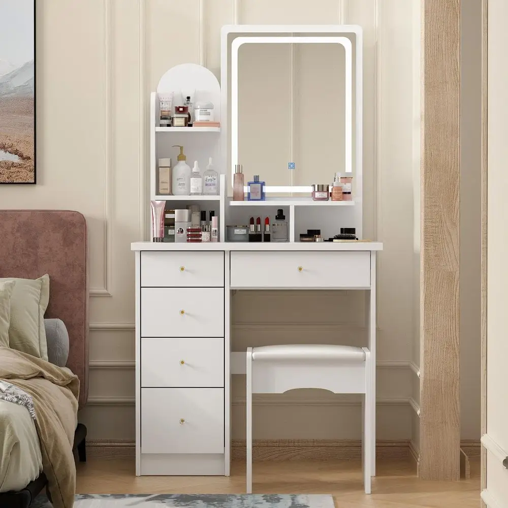 

UU&GAGA Vanity Set with Recular Mirror, Makeup Vanity Dring Table with 5 Ders, Shelves, Drer Desk and Cushioned Stool Set (B Whi