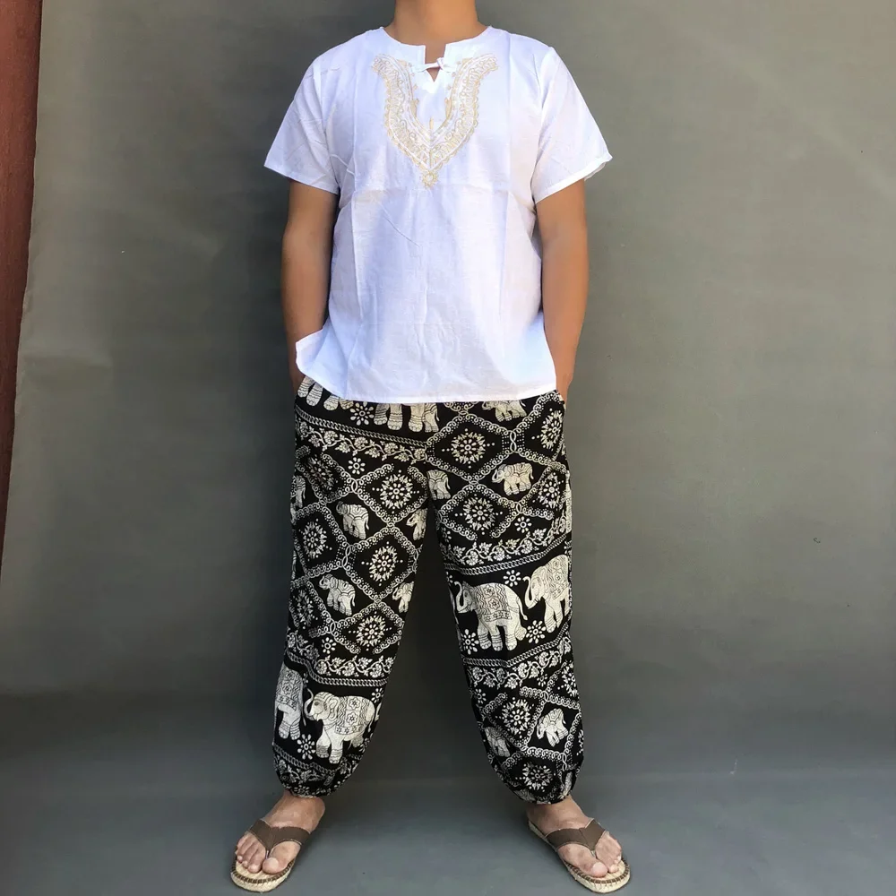 Summer Beach Style Thai Lantern Pants Wide Leg Pant Drawstring Elastic Waist Totem Printing Long Pants Trousers Clothing For Men