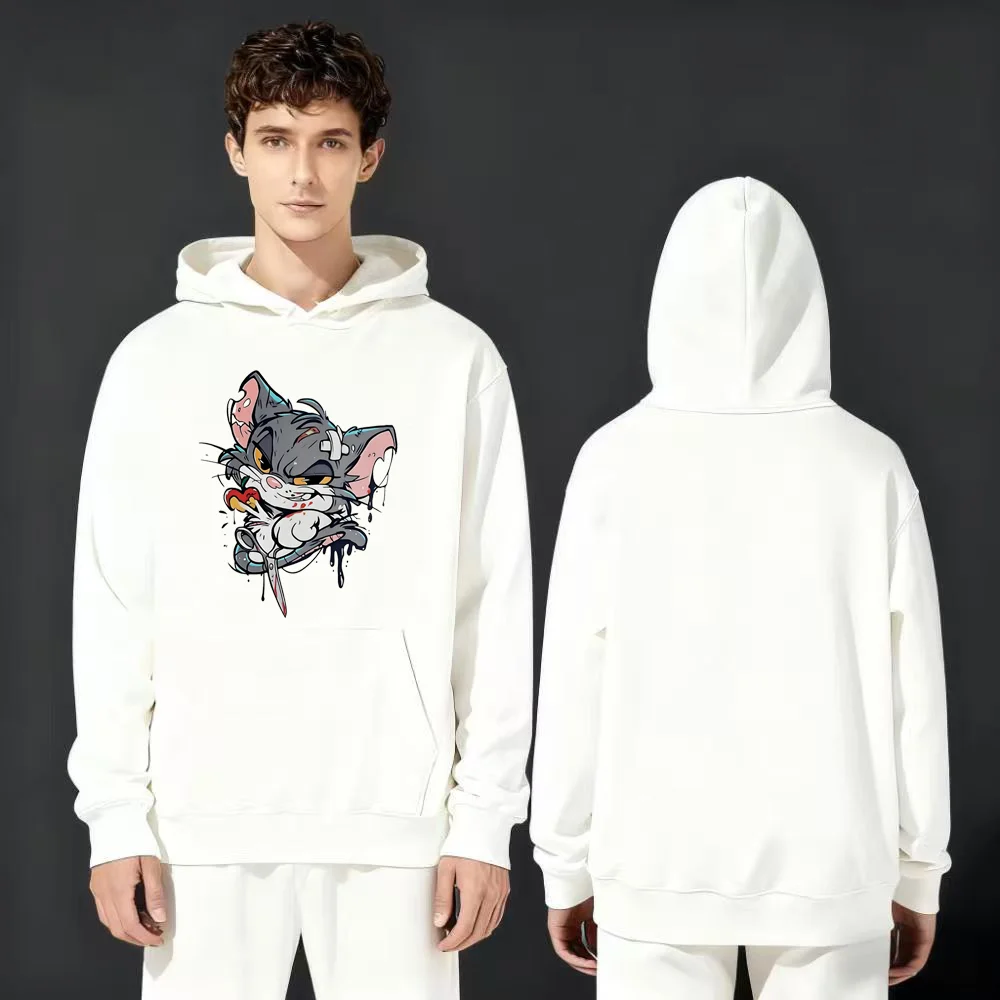

2025 New 330g Heavyweight Funny Cartoon Cat Print Hoodie Comfortable Casual Unisex White Sweatshirt Streetwear For Men And Women