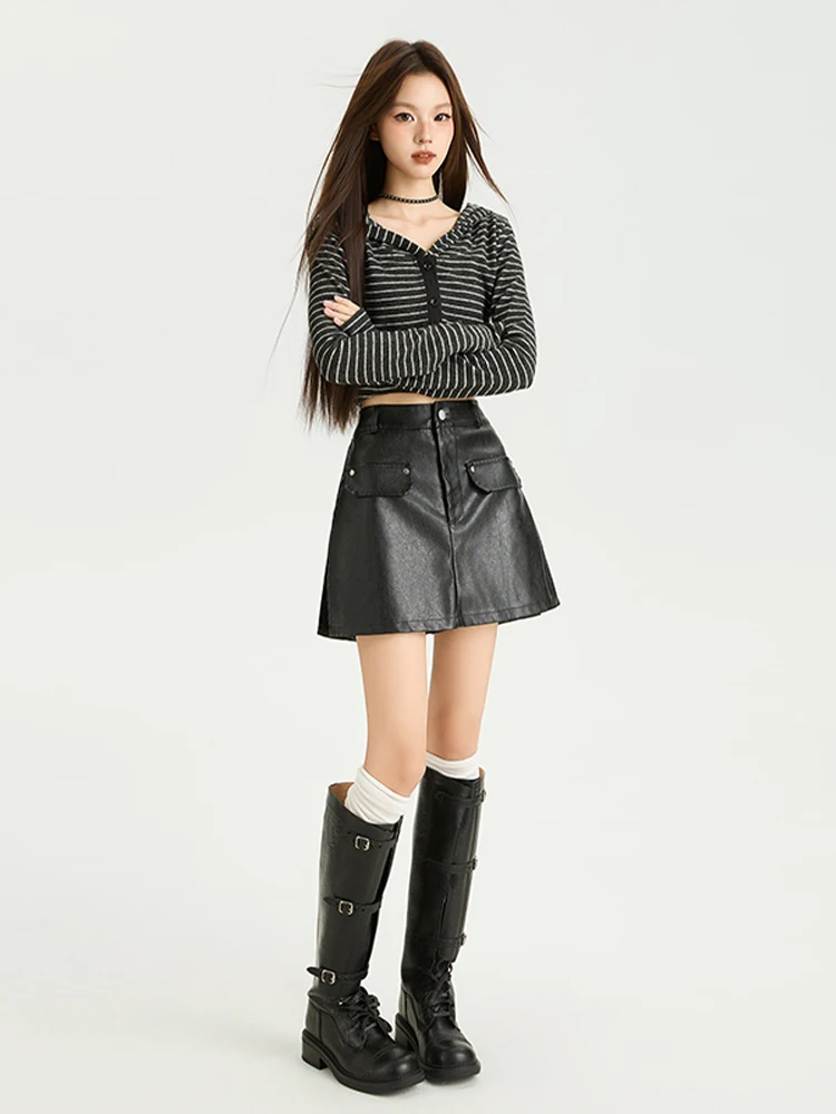 กระโปรงทรงเอหนัง PU สไตล์เกาหลีสำหรับผู้หญิง ฤดูใบไม้ร่วง-ฤดูหนาว 2025 เอวสูง สไตล์วิทยาลัย ย้อนยุคย2k ชิคๆ สไตล์สาวหวาน/สาวมั่น  ใหม่ล่าสุด