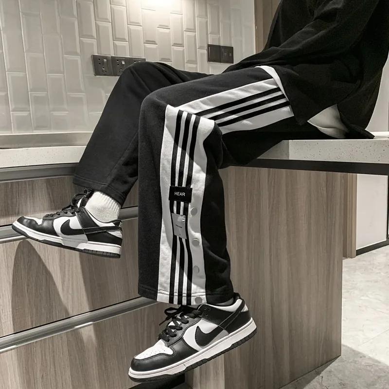 Spring and Summer New Casual Pants Men's Striped Color Collision High Street Straight Leg Full Length Versatile Trousers Male