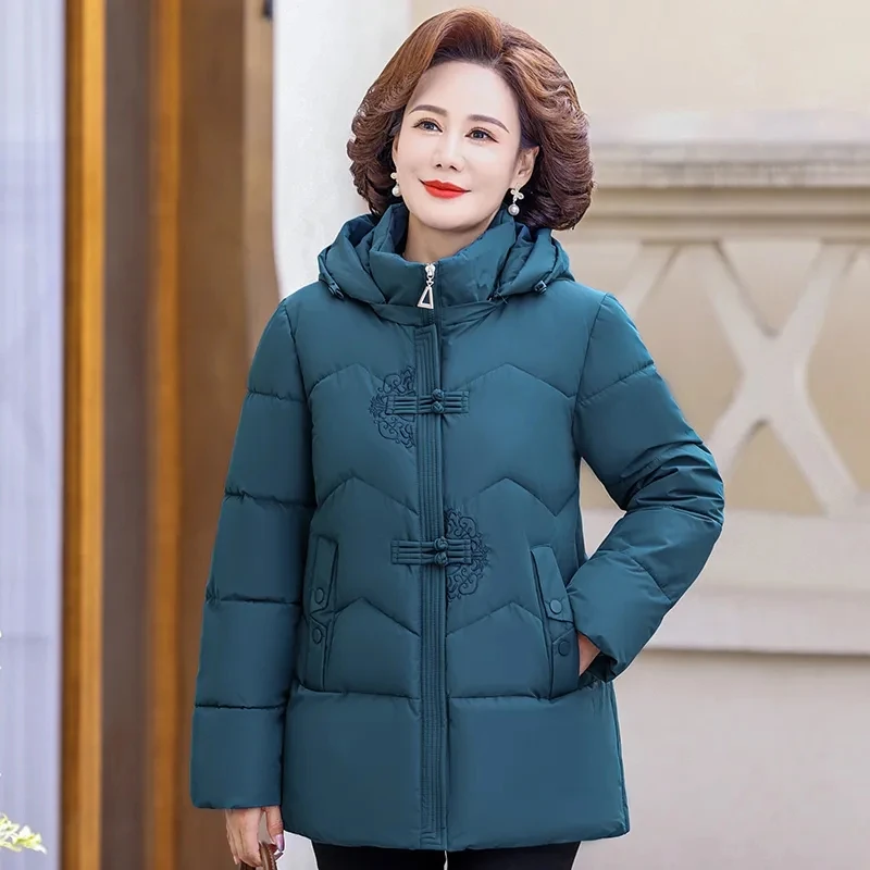 2024 Grandma Winter Down Cotton Jacket Thick Velvet Mother Parkas Casual Hooded Puffer Coat Elderly Woman Padded Outwear 5XL 6XL