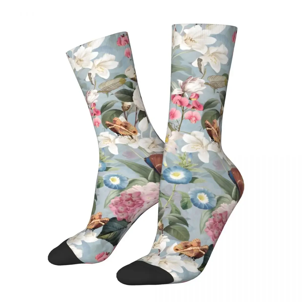 Retro Vintage Tropical Flowers On Sepia Teal Men's compression Socks Unisex Harajuku Pattern Printed Novelty Crew Sock